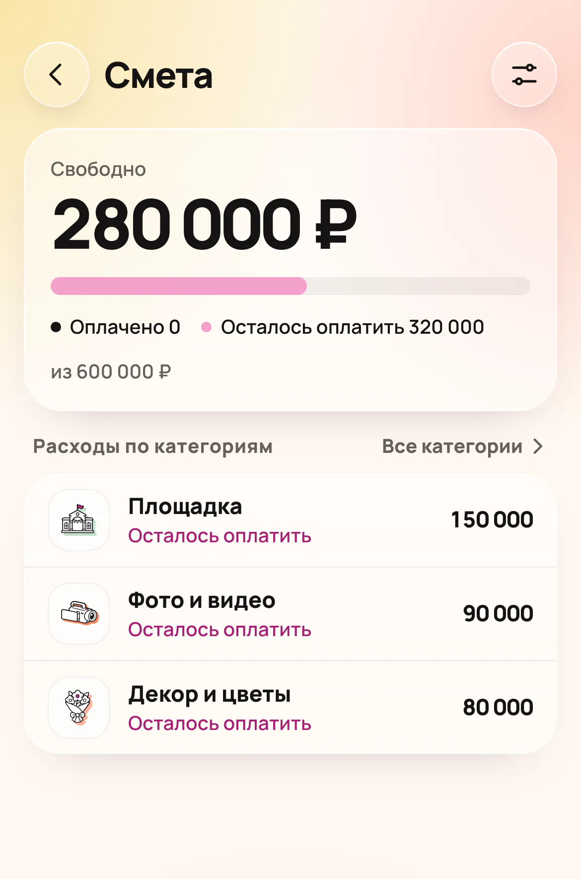 Смета — настоящий интерфейс LOVE FOREVER с демонстрационным наполнением